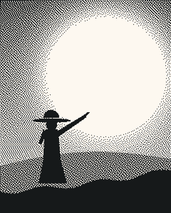 Sketch of a figure in a broad hat on a ridge, pointing up at a great moon
